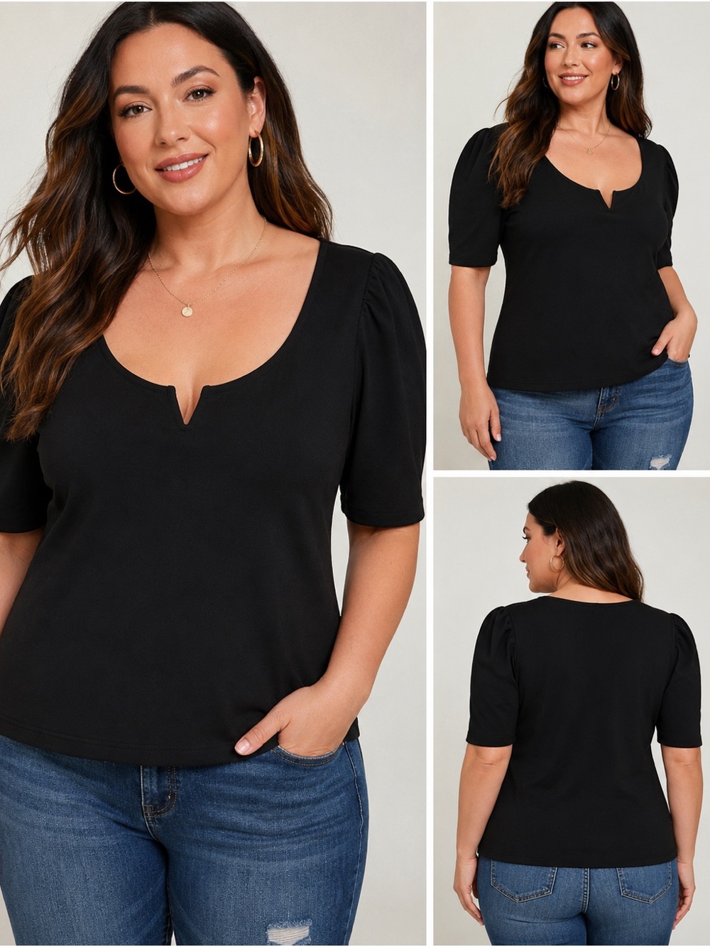 Torrid Black Puff Sleeve Foxy Wire Top 1X NWT Stretch Scoop Neck Blouse